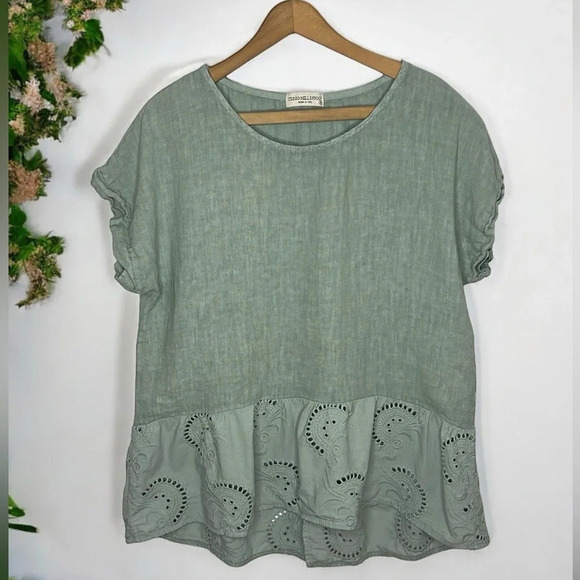 TEREZO Millennio 100% Italian Linen Mixed Media Perforated Eyelet Boho Blouse - Picture 3 of 10